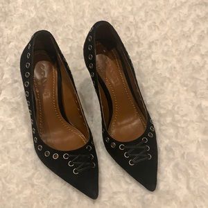 Coach Varick 85mm black suede lace up pump